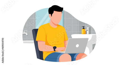 Man working on laptop in bathroom, illustration for website or blog post about remote work or flexible work style.