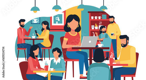 Diverse group of people working and socializing in a modern cafe, perfect for a blog post about coworking spaces or a company's website.