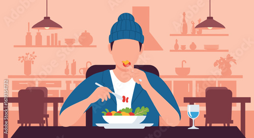 Person enjoying a healthy salad in a modern kitchen - perfect for lifestyle blogs or healthy eating websites.