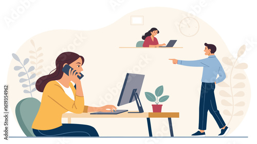 Modern illustration of teamwork and communication in a busy office, perfect for presentations or website banners.