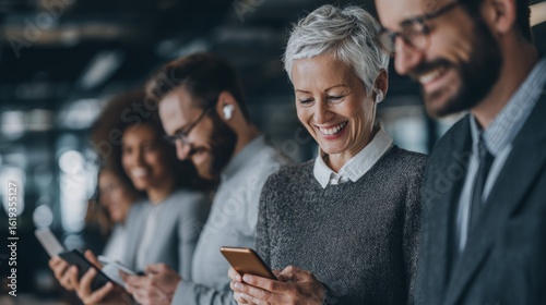 Multi-generational business team checking smartphones and staying connected in office environment