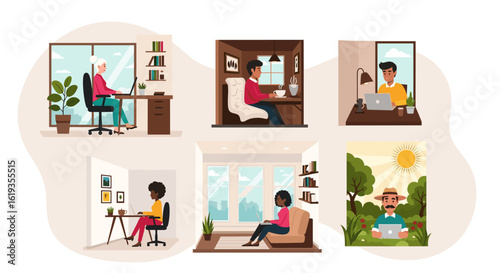 Diverse group of people working remotely from various locations. Ideal for illustrating remote work, work-life balance, or flexible work arrangements.