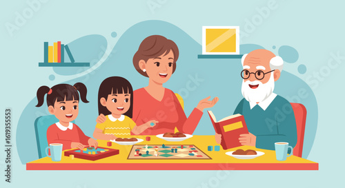 Grandparents playing board games with grandchildren, perfect for family blogs or articles about intergenerational bonding.