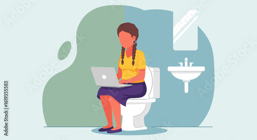 Woman working on laptop while sitting on toilet - illustration for articles about work-life balance or remote work challenges.