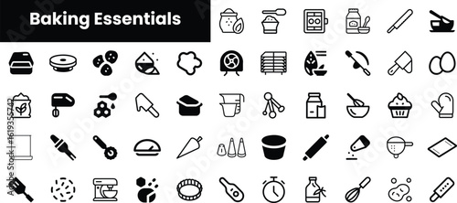 A collection of black and white icons representing essential baking tools and ingredients, including mixing bowls, measuring cups, and baking utensils.