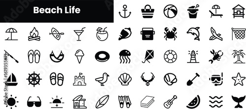 A vibrant collection of beach-themed icons, showcasing elements like sun, sand, and water activities. Perfect for summer designs and vacation inspirations.