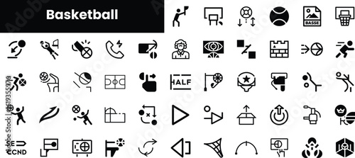 A dynamic collection of black and white basketball icons depicting various aspects of the sport, including players, equipment, and game actions.