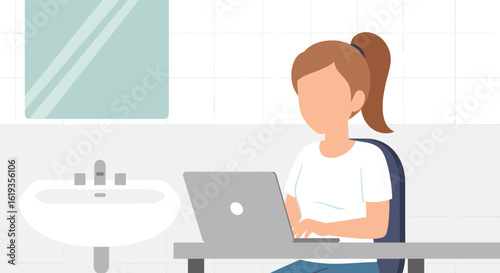 Woman working on laptop in a modern bathroom, perfect for articles on work-life balance or remote work.