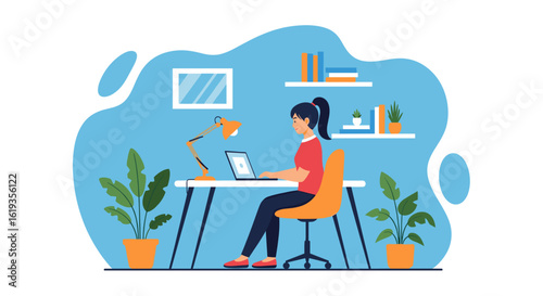 Woman working from home on laptop, perfect for remote work blogs or website banners.