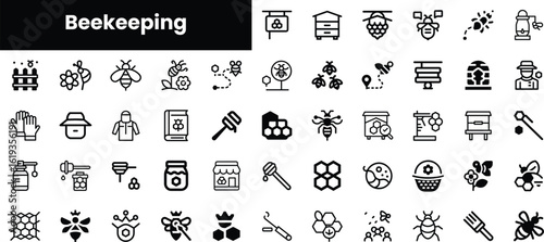 An array of icons showcasing beekeeping elements, featuring bees, hives, honey jars, and tools, illustrating the art and practice of beekeeping.