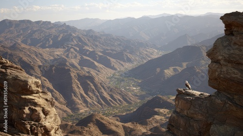 Hazy mountain range view from rocky cliff, with a bird perched on the edge