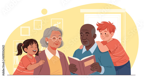 Grandparents reading to grandchildren, perfect for family blogs, websites, or children's books.