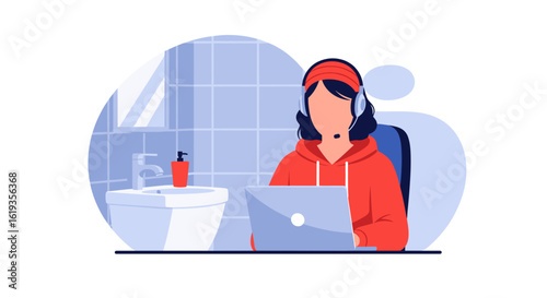 Woman working from home in bathroom, using laptop and headset. Perfect for remote work, work-life balance, or flexibility articles.
