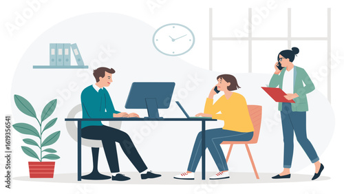 Three colleagues working together in a modern office, perfect for illustrating teamwork and collaboration on websites or brochures.