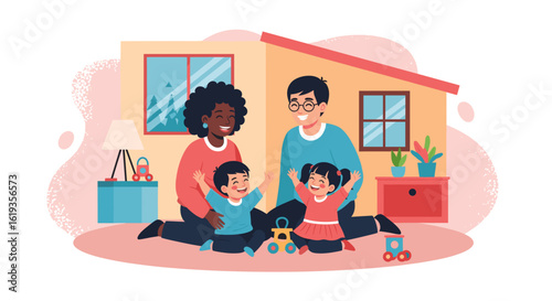 Happy family playing with toys at home - perfect for family blogs, websites, or brochures.