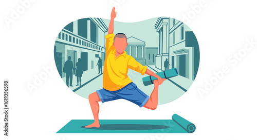 Man practicing yoga in a city street, perfect for health and wellness websites or brochures.