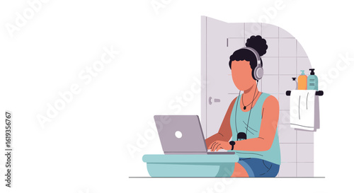 Woman working on laptop in bathroom, perfect for articles about remote work, multitasking, or modern lifestyle.