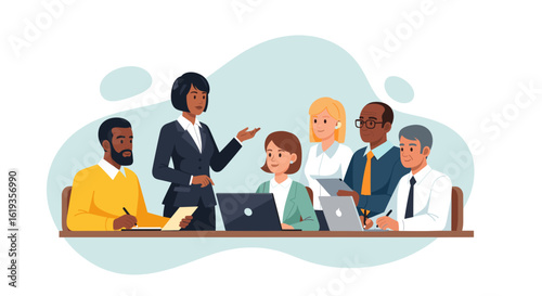 Diverse business team collaborating during a productive meeting. Ideal for websites, presentations, and marketing materials.