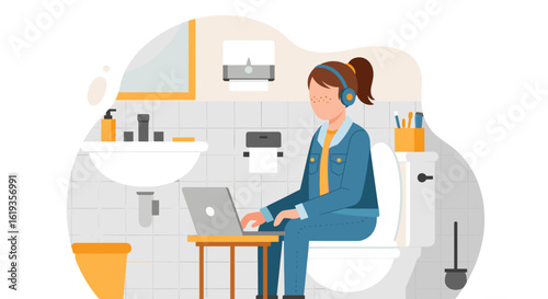 Woman working on laptop in bathroom - Illustration for blog, website, or social media.