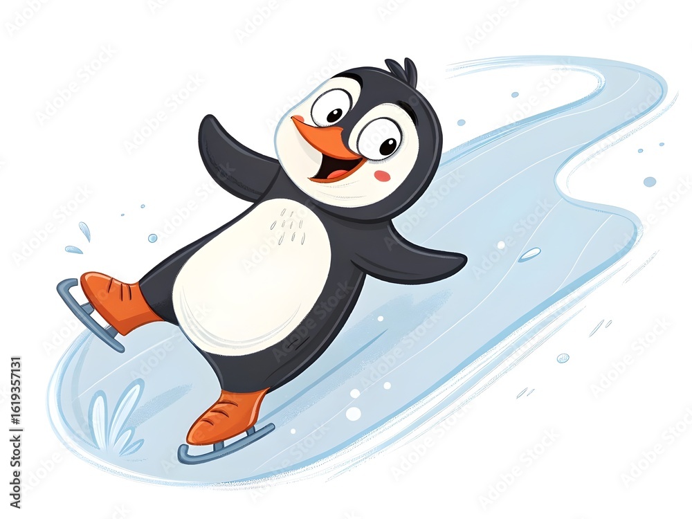 Naklejka premium Happy cartoon penguin ice skating with joy and excitement