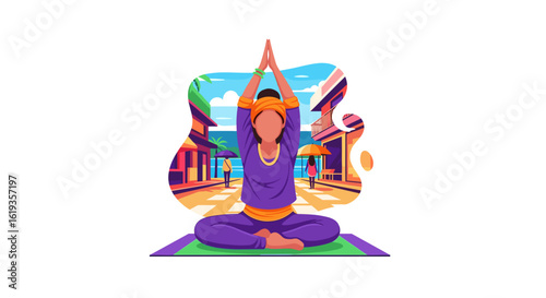 Woman meditating in yoga pose against a tropical backdrop; ideal for wellness websites, travel brochures, and mindfulness apps.