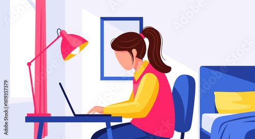 Young woman working from home on laptop, perfect for blogs about remote work, productivity, or online education.