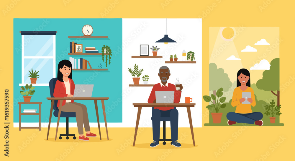 Diverse people working remotely from home and outdoors, perfect for illustrating flexible work arrangements or work-life balance.