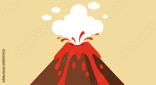 Simple flat design of a volcanic eruption, showing molten lava and ash clouds against a plain background.