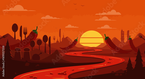 Spicy Sunset Culinary Landscape A Vibrant Illustration of Food and Nature's Harmony