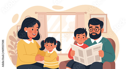Happy family reading together at home. Perfect for family blogs, parenting websites, or children's books.