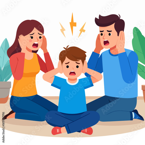 Flat vector illustration of a distressed family, child covering ears from parents' loud conflict, symbolizing domestic tension.