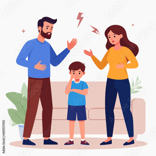 Family conflict illustration showing distressed parents arguing while their sad young son stands between them.