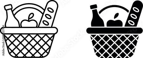 Picnic basket icon with food and drink