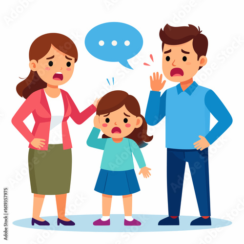 Upset parents arguing in front of their sad young daughter who is covering her ears.