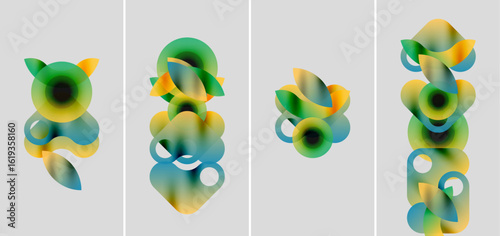 Abstract gradients form organic shapes. Four panels display evolving compositions, blending blues, greens, yellows. Minimalist design, soft textures.