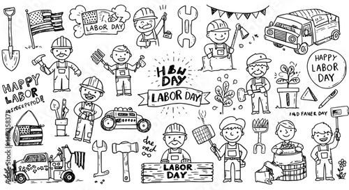 Hand-drawn Labor Day doodle collection: Happy workers, patriotic flags, various tools (shovels, hammers, wrenches, rakes), vehicles, plants  celebration signs.