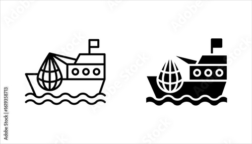 Industrial fishing linear icon set.  Outline set of fishing boat vector illustration on white background
