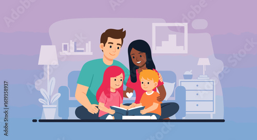 Happy family reading a book together at home - perfect for family, parenting, and children's book illustrations.