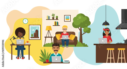 Diverse group of people working remotely from home, perfect for illustrating remote work, work from home, or telecommuting concepts.