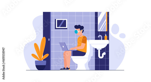 Man working on laptop in bathroom - illustration for blog, website or social media post.