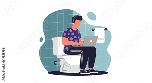 Illustration of a person working on a laptop while sitting on a toilet.  Perfect for articles on work-life balance or remote work.