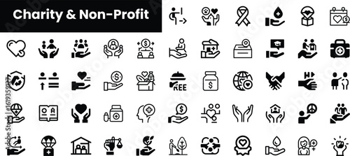 A collection of 50 minimalist black icons representing charity and non-profit concepts, featuring symbols of support, donations, healthcare, and community service.
