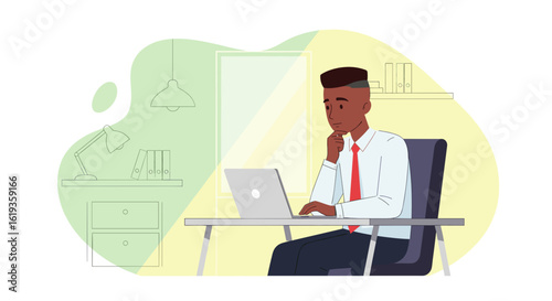 African American businessman working on laptop in modern office, ideal for business websites and presentations.