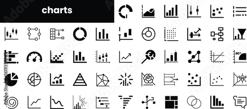 A collection of black and white chart icons representing various data visualization types including bar graphs, pie charts, line graphs, and more.