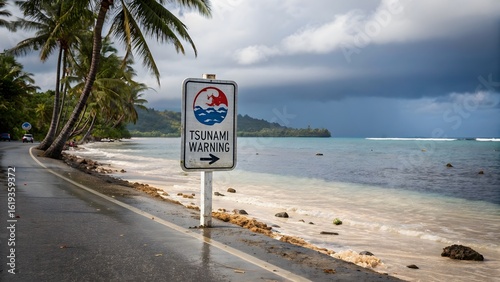 Emergency Tsunami Sign on Coastal Roadside
