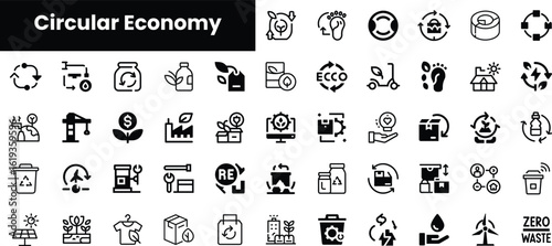 A collection of black icons representing the concept of the Circular Economy, showcasing sustainability, recycling, and eco-friendly practices in modern design.