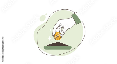 A Hand Placing a Golden Coin into a Small Pile of Soil, Symbolizing Investment, Growth, and Prosperity in a Clean, Modern Style with Subtle Colors Representing Wealth and Success