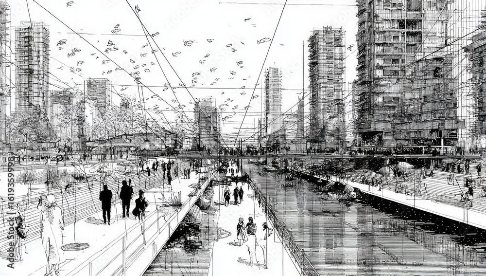 Fototapeta premium Urban Canal Regeneration Cityscape Sketch