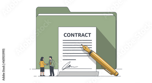Business Agreement Signing Process Illustrated: Professional Individuals Shaking Hands with a Focus on a Contract Document and Pen Beside a Folder for Corporate Transactions