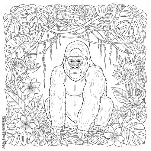 Gorilla in jungle coloring page for adults and kids printable animal